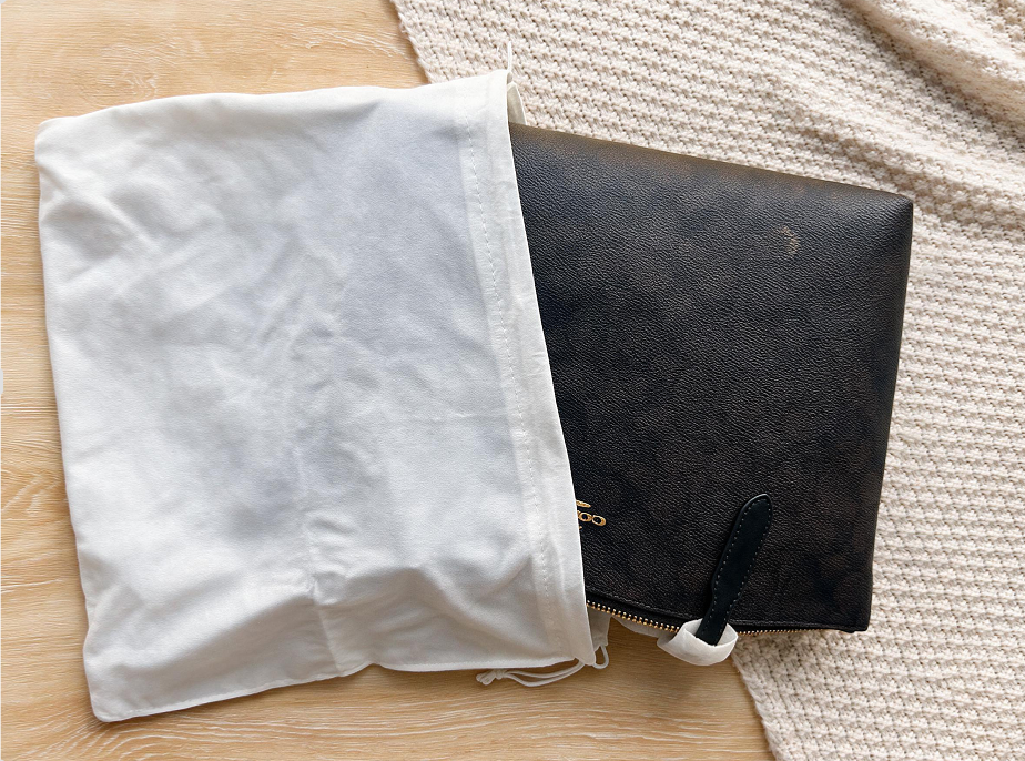 alt="Bamboo Fiber Compostable Drawstring Bag for Luxury Handbag Packaging with Moisture, Dust, and Anti-Static Protection"